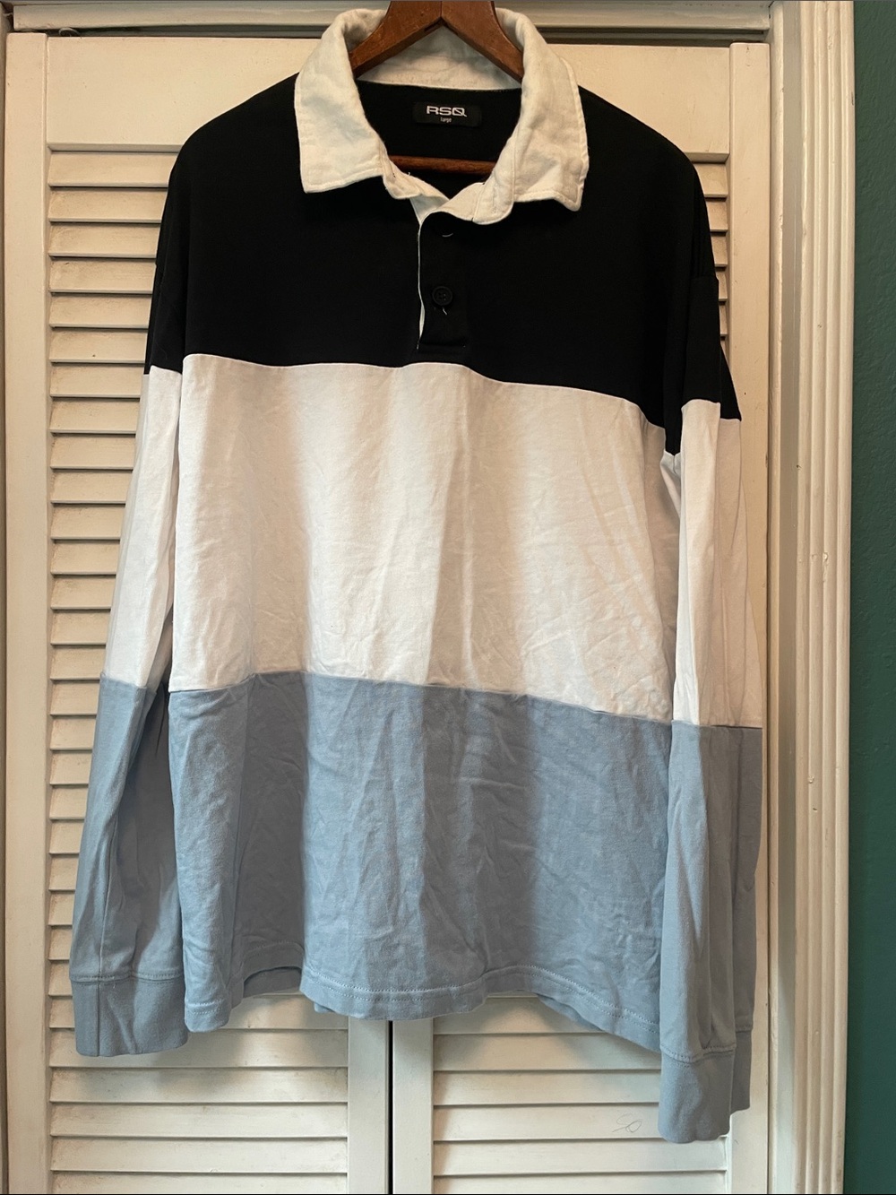 RSQ Men's Black, White & Light Blue Colorblock Rugby Polo